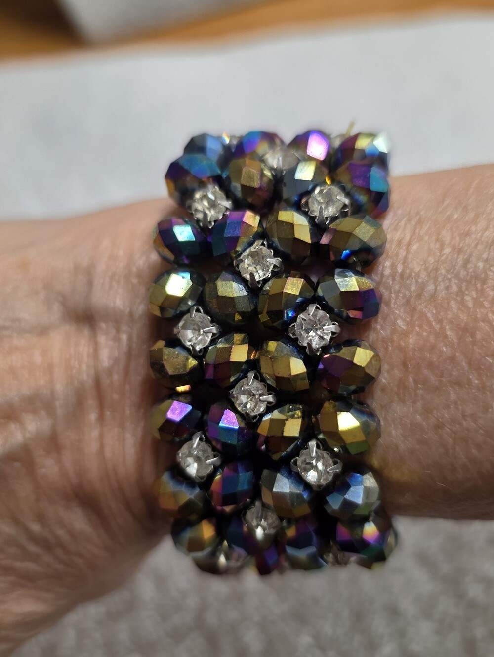 Peacock AB and Clear Crystal Wide Stretch Bracelet - Picture 6 of 8
